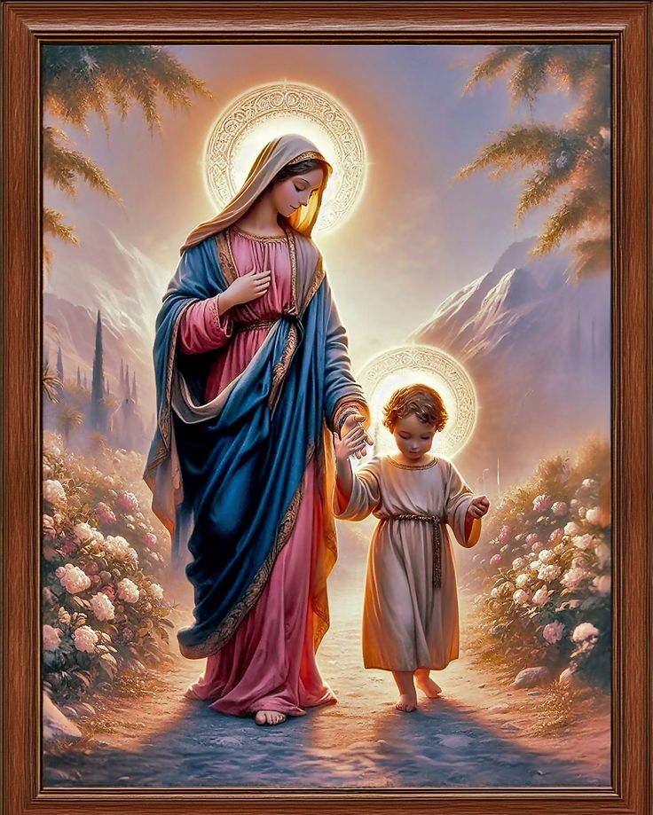 a painting of the virgin mary holding hands with a young child in front of her