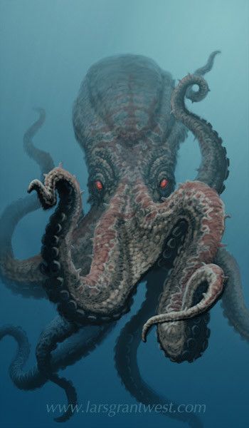 an octopus with red eyes swimming in the ocean