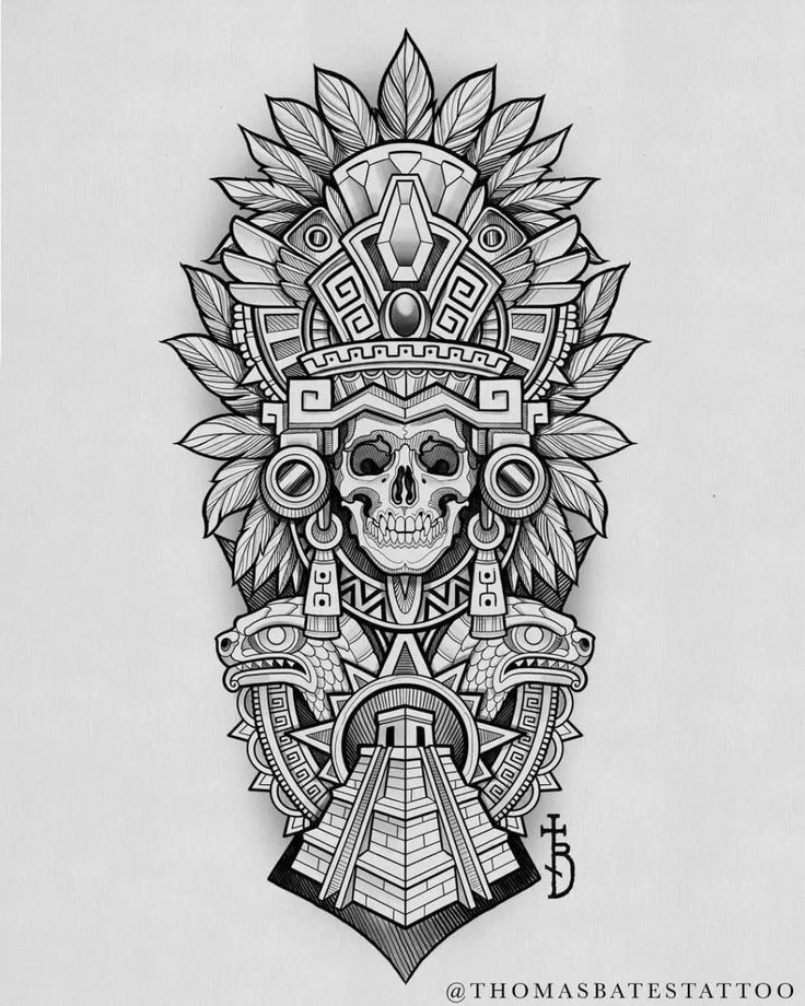 a drawing of a skull with an elaborate headdress