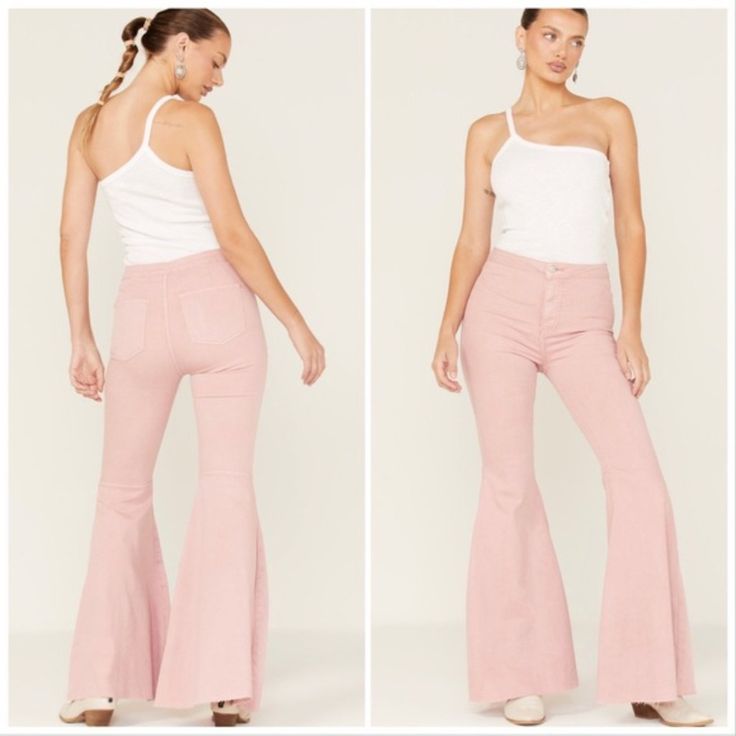 New With Tag Pink Flare Denim Jeans, Pink Flare Denim Bottoms, Casual Pink Flare Jeans For Summer, Chic Pink Flare Jeans For Summer, Pink Mid-rise Cotton Flare Jeans, Casual Pink Flare Jeans For Spring, Pink High Waist Flare Jeans For Summer, Pink Denim Flare Jeans For Summer, High Waist Pink Flare Jeans For Summer