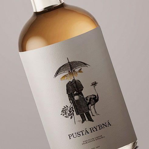 a bottle of wine with an image of a man holding an umbrella