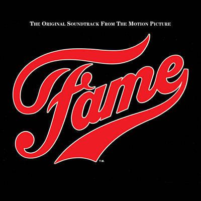 the logo for fame is shown in red on black fabric, with an old - fashioned script