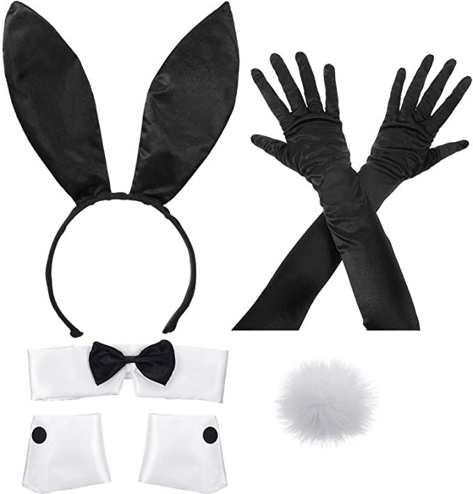 two bunny ears and gloves are shown in this image, one is wearing a black bow tie