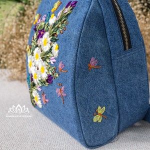 Casual Spring Rectangular Backpack, Casual Handmade School Backpack, Cute Standard Backpack For Spring, Blue Standard Backpack For Spring, Blue Backpack For Spring, Casual Floral Embroidery Backpack, Casual Floral Embroidered Backpack, Spring Backpack With Zipper Closure For Daily Use, Trendy Embroidered School Backpack