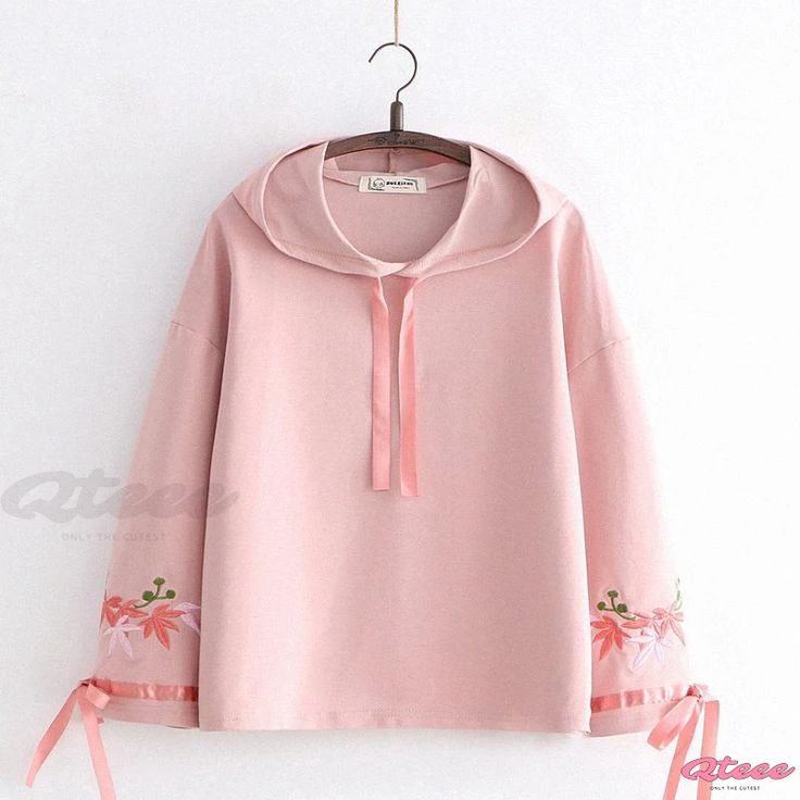 Qteee - Premium Leaves Embroidered Loose Hoodie with Ribbon Detailing Pink Hooded Sweater For Spring, Casual Spring Hoodie Sweater, Pink Long Sleeve Hoodie For Spring, Spring Pink Long Sleeve Hoodie, Pink Crew Neck Hoodie For Spring, Casual Sweater With Drawstring Hood For Spring, Spring Long Sleeve Sweater With Drawstring Hood, Embroidered Hooded Hoodie For Spring, Spring Embroidered Hooded Hoodie