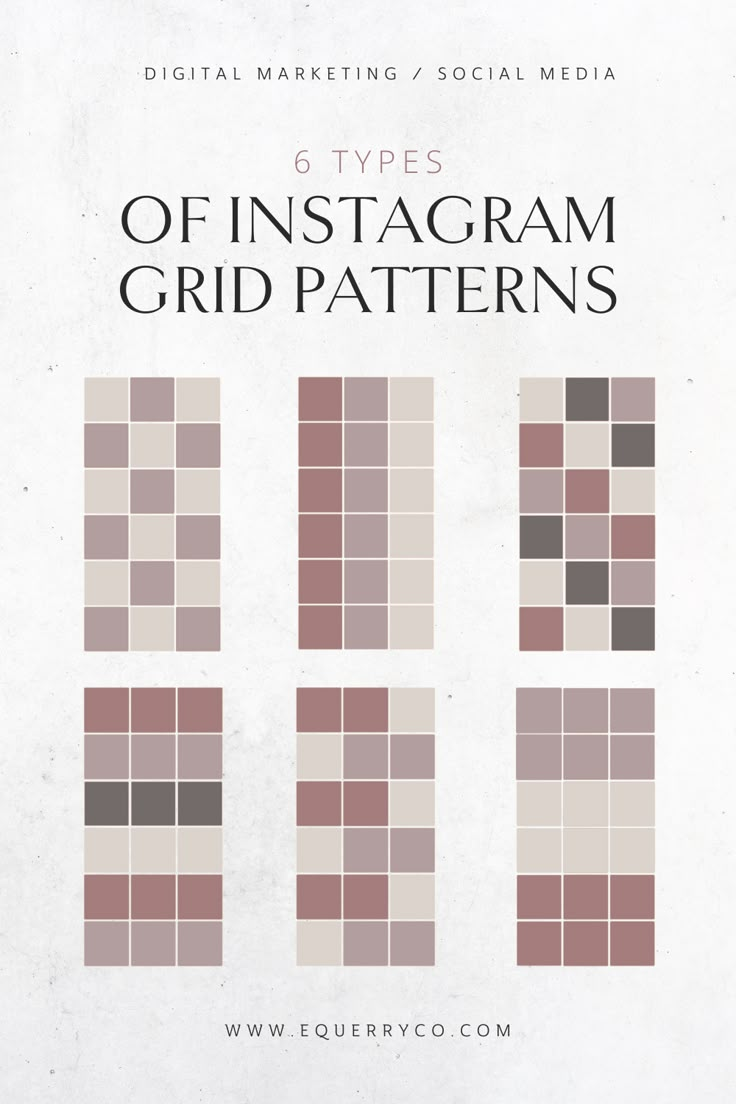 an old book cover with different squares on it and the text, 6 types of instagram grid patterns