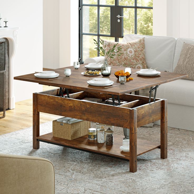 a living room with a coffee table and couch