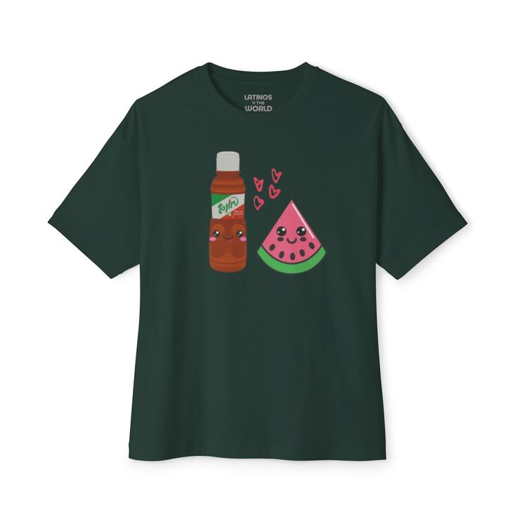 a green t - shirt with watermelon and ketchup on it