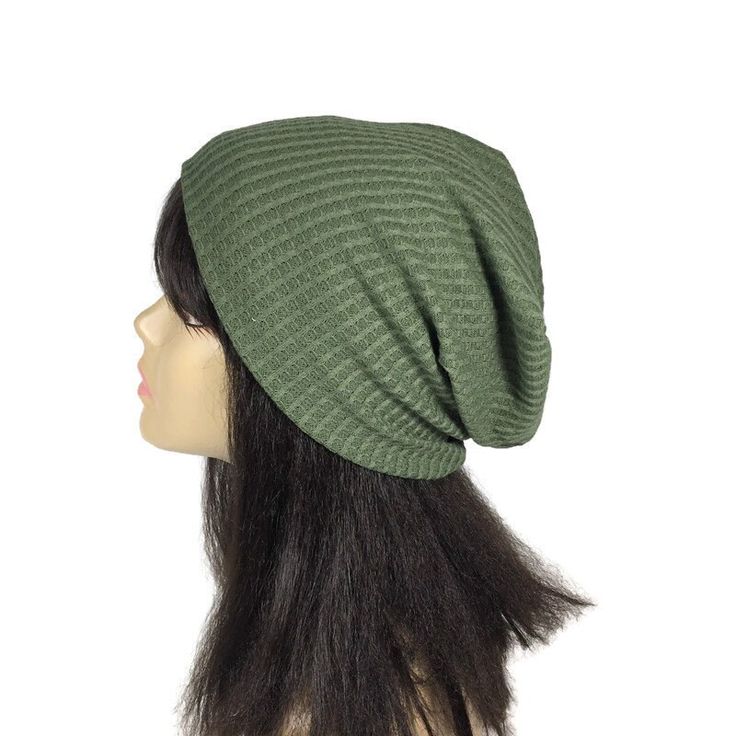 "Army Green Waffle Knit Slouchy Beanie Olive Green Thermal Knit Hat Unisex Slouch Hat Custom Size Hat and Lining Unisex Green Beanies Men Soft and cozy waffle knit slouchy beanie...lined in light gray thermal knit (smaller weave) Stretches to fit head circumference. Measure around your head where you want the brim of the hat to fit. Hat will stretch to that size The average woman's head size is 22\" circ. The average man's head size is 24\" circ Click here for my Headbands, Headscarves and Head Trendy Outdoor Beanie One Size, Trendy One Size Beanie For Outdoor, Trendy Knitted Hat For Outdoor, Casual Lightweight Hat, One Size Fits Most, Comfortable Outdoor Beanie Hat, Casual Slouchy Beanie, One Size, Knitted Solid Color Beanie One Size Fits Most, Adjustable Knit Casual Hat, Cold Weather One Size Bonnet Beanie