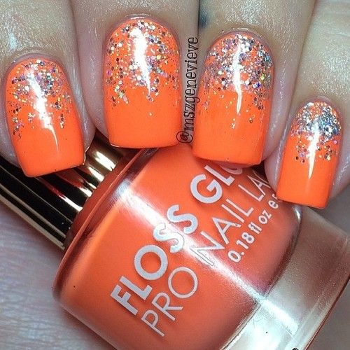 Orange nails with silver hexagon glitter! Silver Orange Nails, Orange Glitter Nails Acrylic, Orange And Glitter Nails, Orange And Silver Nails, Orange Sparkle Nails, Orange Nails With Glitter, Light Orange Nails, Orange Glitter Nails, Nail Designs Orange