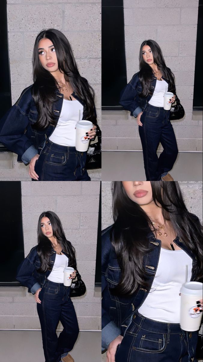 Winter outfits | fall outfits | dark denim | instagram story inspo Dark Blue Skinnies Outfit, Dark Feminine Jeans Outfits, Denim Outfit Makeup Look, Denim Classy Outfit, Birthday Casual Outfits Winter, Casual Winter Outfits Baddie, Dark Wash Jean Jacket Outfits, Dark Wash Blue Jeans Outfit, Styling Dark Wash Jeans