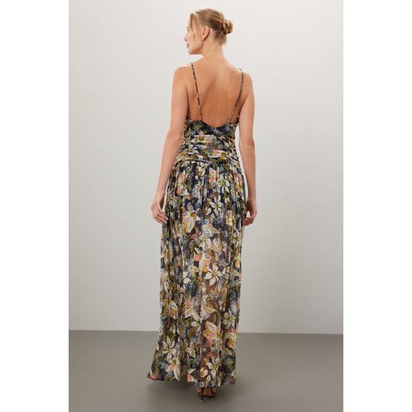 Multicolor floral satin (61% Linen, 39% Silk). Lining (100% Rayon). A-line. Side zipper closure. 56.6" from shoulder to hemline. Imported. Elegant A-line Floral Evening Dress, Floral Print A-line Dress For Gala, Multicolor Silk A-line Maxi Dress, Multicolor A-line Maxi Dress For Cocktail, A-line Floral Print Dresses For Gala, Chic A-line Floral Printed Dress, Elegant Silk Floral Dress For Garden Party, Multicolor Floral Print Maxi Dress For Evening, Chic Multicolor A-line Floral Dress