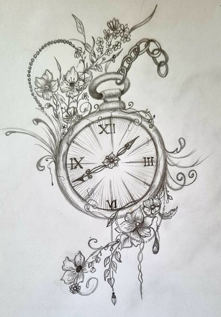 a drawing of a pocket watch with flowers on it