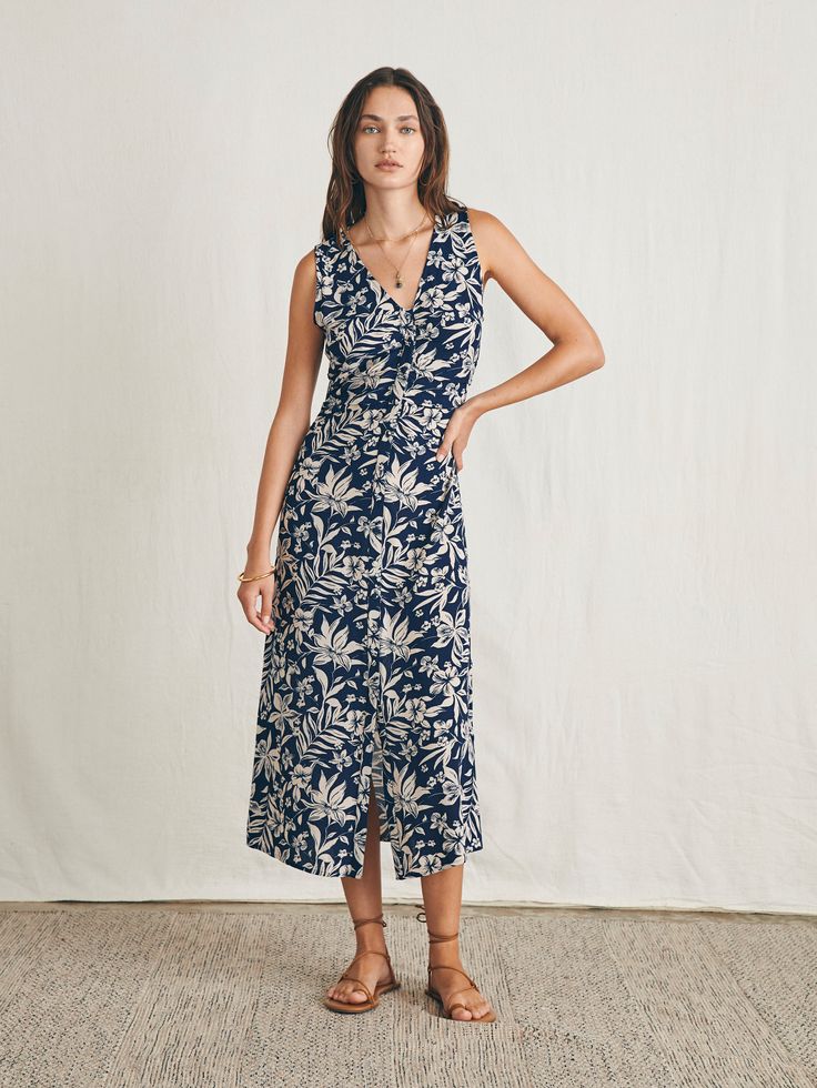 Siena Midi Dress - Navy Canopy Floral Chic Rayon Dress For Garden Party, Rayon Knee-length Dress For Garden Party, Rayon Dress For Garden Party, Knee-length, Summer Midi Sleeveless Dress With Floral Print, V-neck Rayon Midi Dress For Garden Party, Summer Sleeveless Midi Dress For Garden Party, Elegant Summer Floral Dress For Daywear, Summer Floral Print Viscose Dress, Summer Floral Print Dresses In Viscose