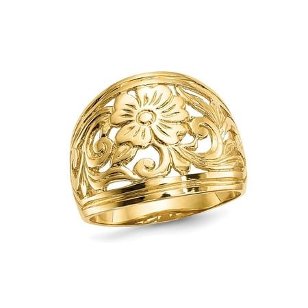 A flower motif is the centerpiece of this polished ring, as shimmering 14 Karat yellow gold is crafted into a flower design. This gold ring weighs 5.10 grams. 14K Yellow Gold Polished Floral Ring Size: 7.  Gender: female.  Age Group: adult. Elegant Hallmarked Yellow Gold Flower Ring, Elegant Gold Flower Ring With Diamond Cut, Luxury Yellow Gold Hallmarked Flower Ring, Luxury Yellow Gold Flower-shaped Rings, Heirloom Yellow Gold Flower Ring For Formal Occasions, Heirloom Style Yellow Gold Oval Flower Ring, Formal Gold Flower Ring Stamped 14k, Luxury Gold Rings With Flower Shape, Classic Yellow Gold Flower Ring