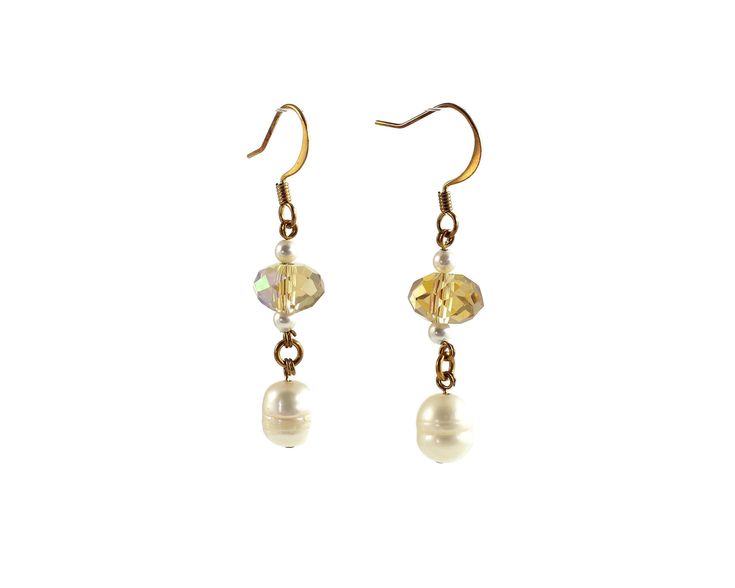 These topaz crystal earrings also feature dangling white freshwater pearls with your choice of gold-plated regular, nickel free or 22K gold-plated hypoallergenic fishhook ear wires.  Perfect for casual or formal wear, they make a lovely handmade gift for women that adds a touch of sparkle. The beaded earrings dangle 1-3/4 inches from the top of the ear wires to the bottom of the freshwater pearls.   All gold is gold plated except for the 22K gold-plated hypoallergenic ear wires. ★ ★ ★ ★ ★ ★ ★ ★ ★ ★ ★ ★ ★ ★ ★ ★ ★ ★  Customize Your Order CUSTOMIZE GOLD EAR WIRES:  Click on the "Material" drop-down box on the right column of this page for choice of fishhook ear wires--nickel free earrings (shown in images), 22K surgical-steel hypoallergenic earrings or regular earrings (for those not sensitiv Gold Crystal Earrings With Pearl Charm, Gold Pearl Crystal Earrings For Gift, Earrings For Sensitive Ears, Crystal Pearl Earrings, Topaz Crystal, Surgical Steel Earrings, Nickel Free Earrings, Freshwater Pearls Earrings, White Freshwater Pearl