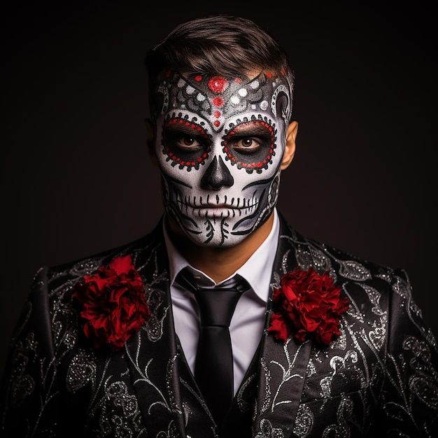 Retrato de un hombre en el estilo tradic... | Premium Photo #Freepik #photo #santa-muerte #mujer-halloween #maquillaje-halloween #calaveras-mexicanas Mexican Skull Makeup Men, Men Catrina Makeup, Male Day Of The Dead Makeup, Day Of The Dead Makeup Men, Sugar Skull Makeup For Men, Dia Los Muertos Makeup, Face Paint For Men, Calavera Makeup, Halloween Skeleton Makeup