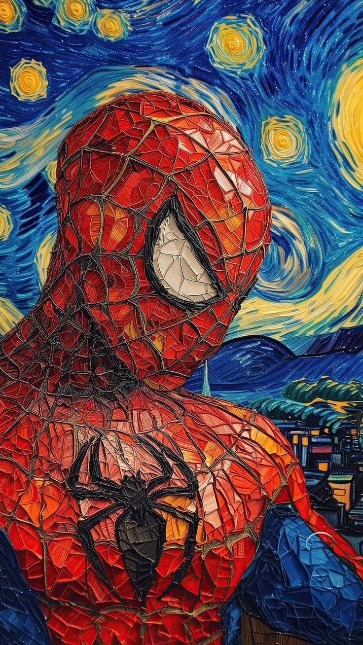 a painting of a spider man in front of a starry night sky