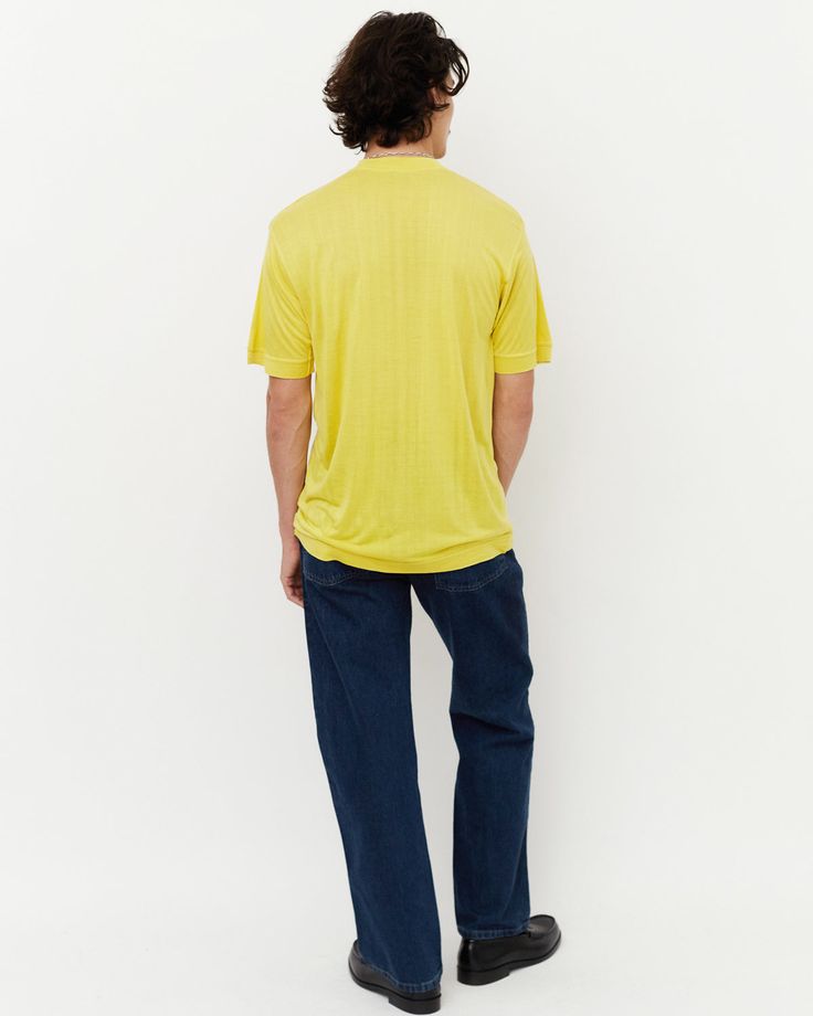 NOS Goouch 100% Silk Model is 5'11" wearing size 1 Yellow Basic Relaxed Fit T-shirt, Yellow Printed Relaxed Fit T-shirt, Yellow Plain Relaxed Fit T-shirt, Casual Yellow Moisture-wicking T-shirt, Yellow Relaxed Fit Soft-washed T-shirt, Issey Miyake Men, Candle Branding, Levis Denim, Tool Gifts