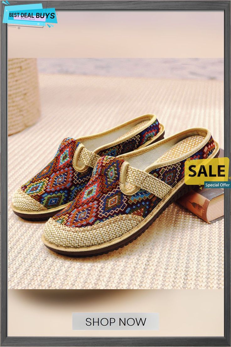 Baotou Ethnic Style Semi-slipper Female Bohemian Clogs For Beach, Bohemian Clogs For The Beach, Bohemian Round Toe Slippers For Spring, Bohemian Spring Closed Toe Slippers, Bohemian Closed Toe Slippers For Spring, Traditional Closed Toe Clogs For Beach, Traditional Closed Toe Beach Clogs, Traditional Closed Toe Mules For Beach, Traditional Closed Toe Mules For The Beach