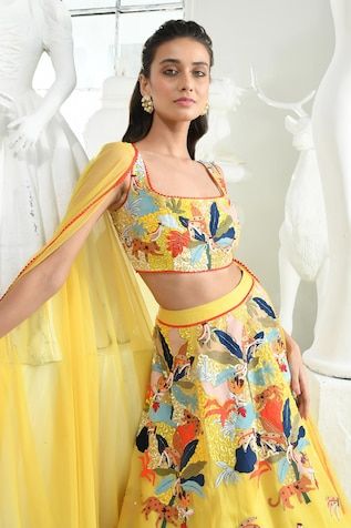 Yellow lehenga with thread, sequin, cutdana embroidery in jungle and floral pattern. Comes with separate cancan. Paired with square neck embroidered blouse and dupatta. - Aza Fashions Party Sets With Multicolor Embroidery And Cutdana Details, Fitted Designer Palazzo Set With Multicolor Embroidery, Fitted Lehenga With Multicolor Embroidery In Georgette, Fitted Designer Multicolor Embroidered Palazzo Set, Fitted Multicolor Embroidered Georgette Lehenga, Yellow Floral Embroidered Lehenga For Wedding, Multicolor Embroidered Fitted Georgette Lehenga, Yellow Embroidered Chanderi Lehenga, Semi-stitched Yellow Embroidered Choli