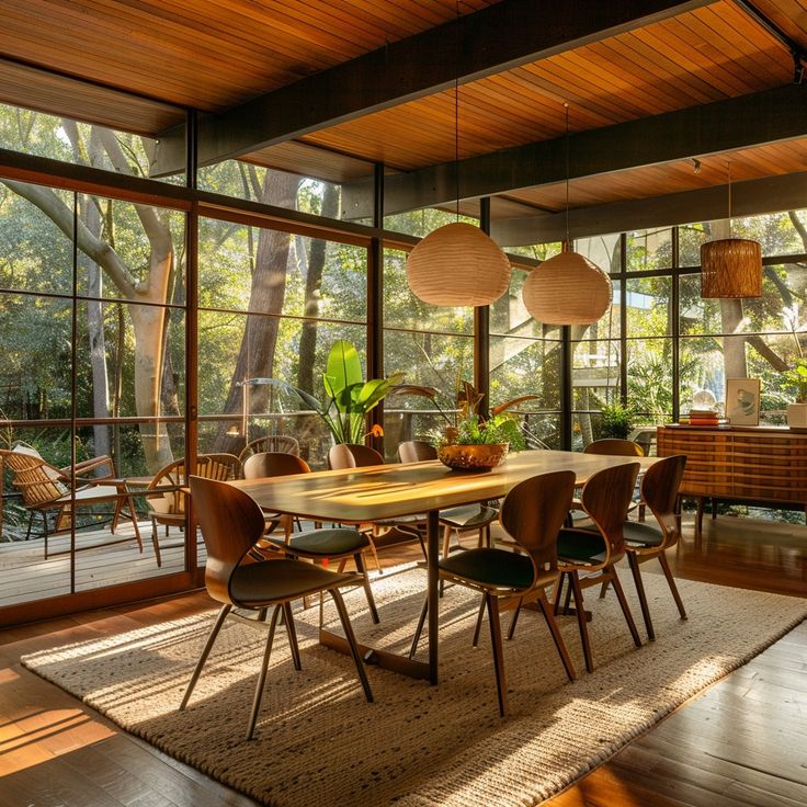 a dining room with wooden floors and large windows looking out onto the trees outside,