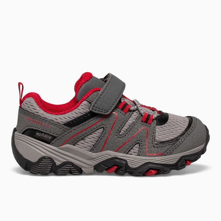 Trail Quest Jr., Grey/Red/Black Victoria Shoes, Rugged Leather, Play Areas, Sneakers Looks, Thick Socks, How To Make Shoes, Boy Shoes, Outdoor Style, The Trail