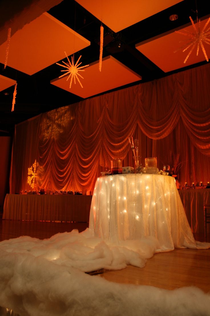 a white table cloth on the floor in front of a stage with lights and drapes