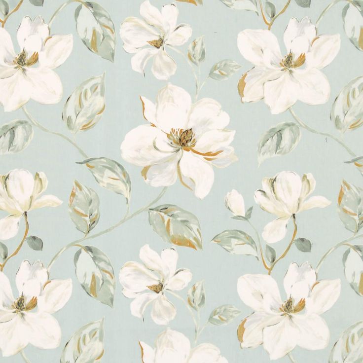 a blue and white flowered wallpaper with leaves