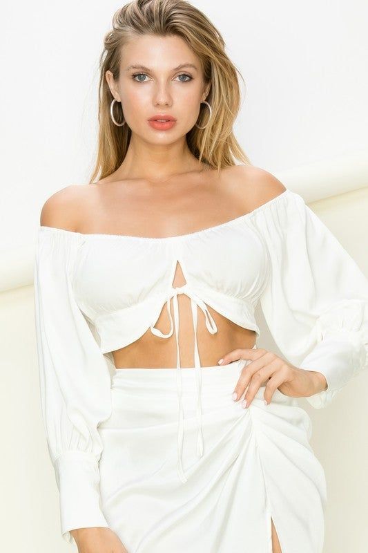 STYLED BY ALX COUTURE MIAMI BOUTIQUE WOMENS TOP WHITE White Love Off Shoulder Crop Top Chic Cropped Off-shoulder Top For Summer, Trendy Ruched Off-shoulder Top For Spring, Trendy Off-shoulder Crop Top For Vacation, Spring Party Off-shoulder Crop Top, Summer Cropped Off-shoulder Top For Day Out, Long Sleeve Ruched Crop Top For Summer, White Off-shoulder Crop Top For Parties, Flirty Cropped Tube Top For Summer, Chic Off-shoulder Crop Top For Brunch