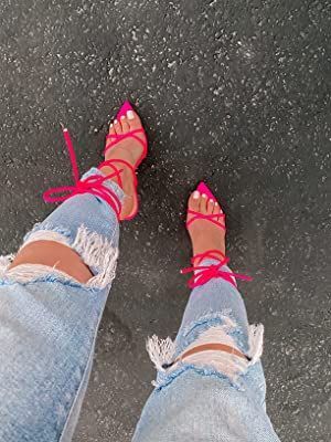 Pink Lace Up Heels Outfit, Lace Up Heels Outfit Jeans, Pink High Heels Outfit, Strappy Heels Outfit, Pink Heels Outfit, Neon Pink Heels, Pink Strappy Heels, Jeans Heels Outfit, Strapy Heels