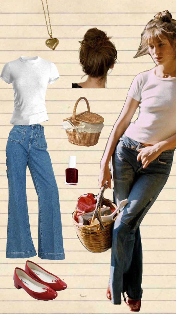 a woman in white shirt and blue jeans holding a basket next to red high heeled shoes