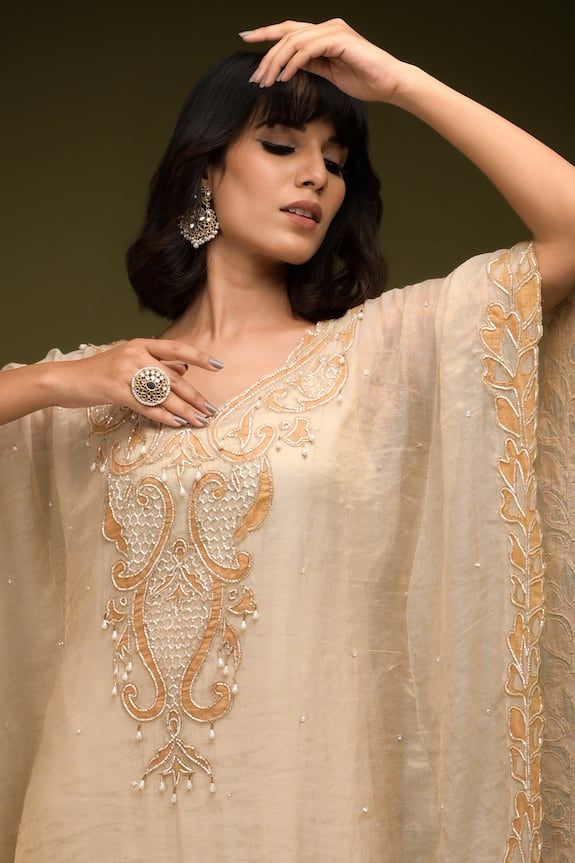 Ivory and beige cutdana embroidered cutwork floral swirl patterns. Comes with an inner. - Aza Fashions Kaftan Women, Kaftan For Women, Embroidered Kaftan, Swirl Pattern, Cut Work, Aza Fashion, Swirl, V Neck, For Women