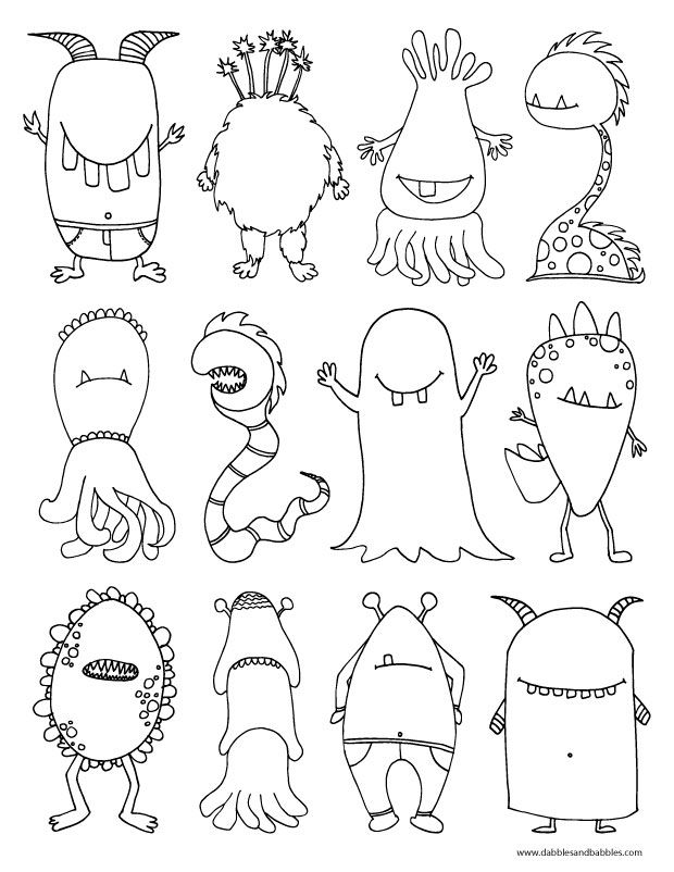 an image of cartoon monsters with different faces and body shapes in black ink on white paper