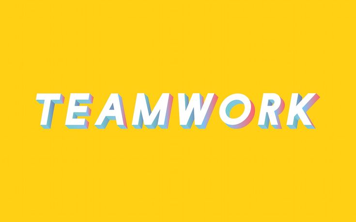 the word teamwork is written in multicolored letters on a yellow background,