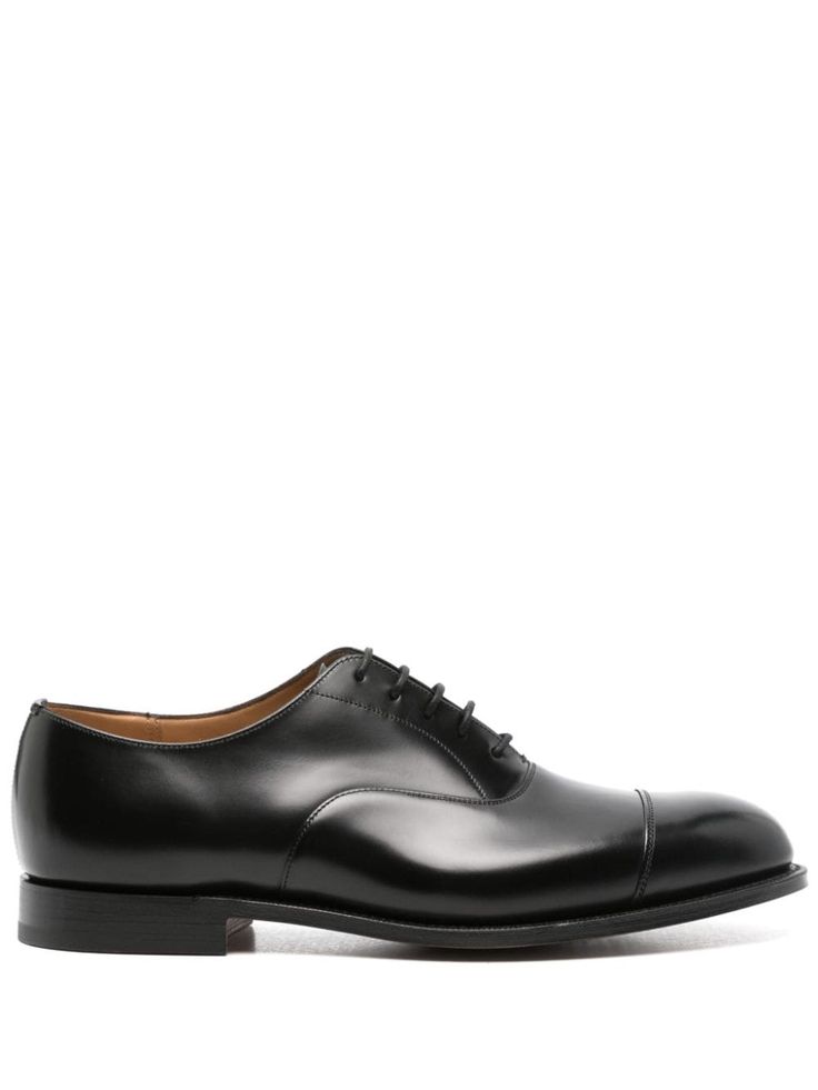 black calf leather tonal stitching front lace-up fastening almond toe branded leather insole flat leather sole stacked heel Classic Lace-up Shoes With Calf Leather And Round Toe, Classic Lace-up Shoes With Textured Sole And Almond Toe, Timeless Lace-up Shoes With Rubber Sole For Office, Classic Business Oxfords With Textured Sole, Classic Oxfords With Calf Leather And Leather Sole, Black Calf Leather Oxfords With Almond Toe, Business Oxfords With Rubber Sole And Calf Leather, Classic Calf Leather Cap Toe Lace-up Shoes, Business Calf Leather Oxfords With Rubber Sole