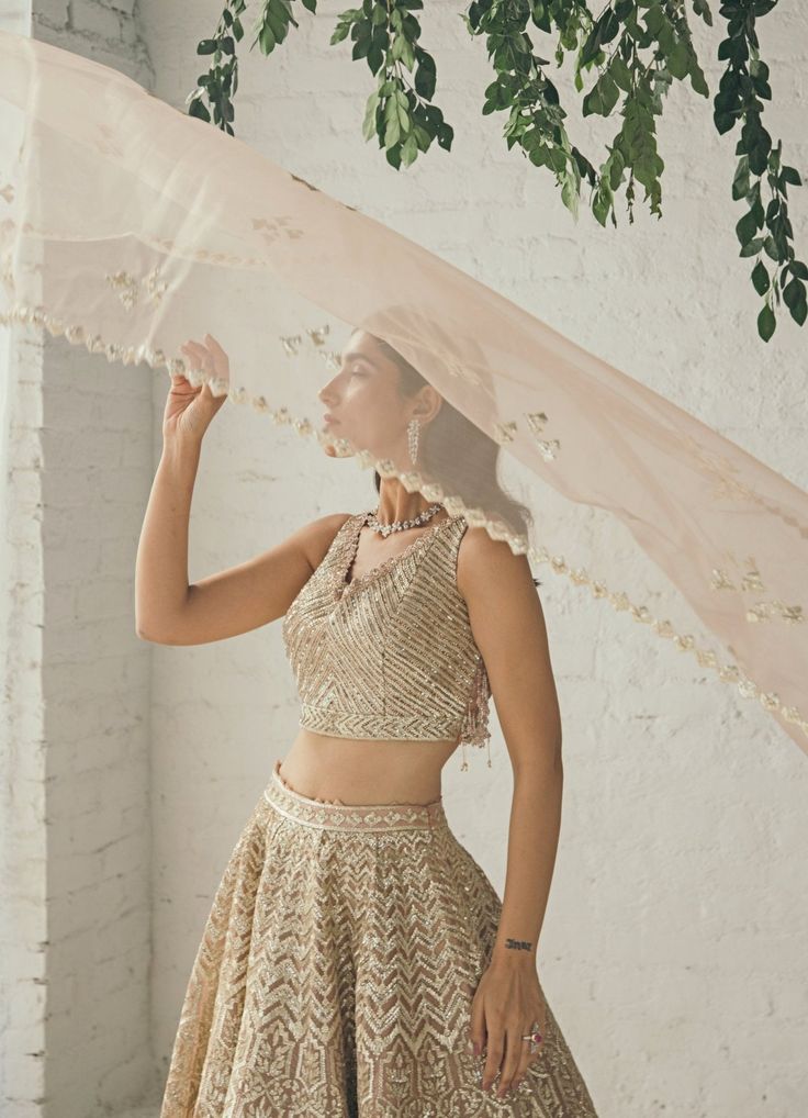 Glam Vibes ! Blush pink embroidered lehenga with got patti work. Paired with a cutdana and bead work blouse which has an absolutely gorgeous back and a net dupatta with feather border. Composition: Lehenga and Blouse : Organza, Dupatta - Organza All products can be customised for sleeves, length of blouse and neck design Other Details: Lining - Chroma Silk, Fastening- Concealed Zip at Blouse and Lehenga Care: Dry Clean Only and Vacuum Storage All products can be customised for colour, sleeves, length of blouse and neck design Delivery : 12 weeks as the product is hand crafted. For more information and sizes please contact fabiliciousfashion@gmail.com or visit our Copenhagen studio. Choli With Sheer Dupatta For Reception Navratri, Festive Net Lehenga For Wedding, Festive Wedding Lehenga In Net, Elegant Net Sets For Navratri, Elegant Net Lehenga For Diwali, Wedding Sets With Unstitched Blouse In Chinon, Net Sharara For Reception And Navratri, Net Sharara For Navratri Reception, Lehenga For Reception With Traditional Drape In Net