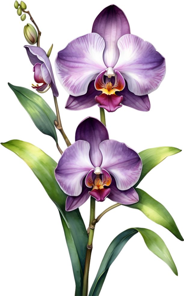 two purple orchids with green leaves on a white background