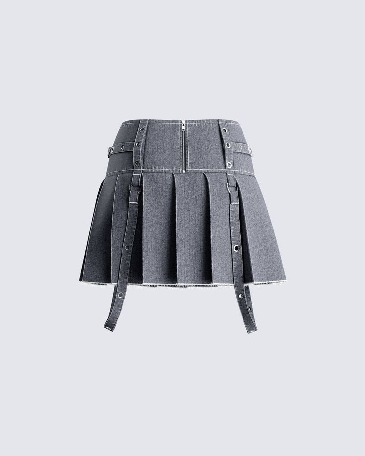 Spice up your wardrobe with this grey denim pleated mini skirt 😝 Complete with a pleated design, and hanging strap details for an edgy bad b*tch feel - this skirt is all you need to elevate your look 🖤 Denim Pleated Mini Skirt, Fem Outfits, Boss Lady Outfit, Lady Outfit, Grey Mini Skirt, Denim Outfits, Kpop Style, Graphic Top, White Jersey