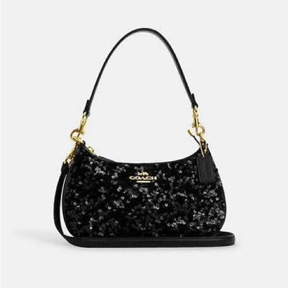 Coach Black Sequence Shoulder Bag Gold Hardware New With Tags Party Shoulder Bag With Gunmetal Hardware And Top Handle, Black Bag With Detachable Handle For Night Out, Party Shoulder Bag With Gunmetal Hardware, Elegant Evening Bags With Gunmetal Hardware, Coach Shoulder Bag With Gunmetal Hardware For Evening, Evening Coach Shoulder Bag With Gunmetal Hardware, Black Shoulder Bag With Gunmetal Hardware For Party, Black Shoulder Bag With Detachable Handle For Night Out, Black Top Handle Bag For Night Out