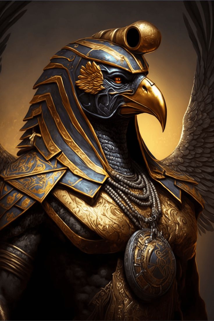 an egyptian eagle with gold and silver armor on it's head, standing in front of