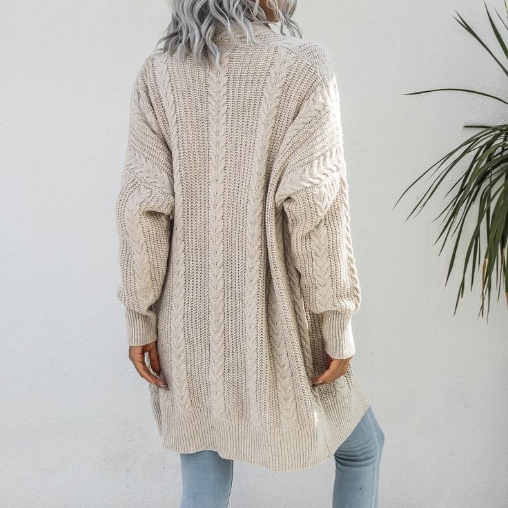 Women's Long Cardigan Sweater Autumn and Winter New Solid Color Twist Loose Thick Casual Knitted Cardigans Woman Jacket Beige Long Sleeve Cardigan, Knitted Acrylic V-neck Sweater Coat, Long Beige Winter Sweater, Long Beige Sweater For Winter, Beige Knitted Long Sleeve Cardigan, Beige Long Sleeve Soft Knit Cardigan, Cable Knit Acrylic Outerwear, Knitted Beige Sweater Coat For Fall, Long Sleeve Acrylic Cardigan