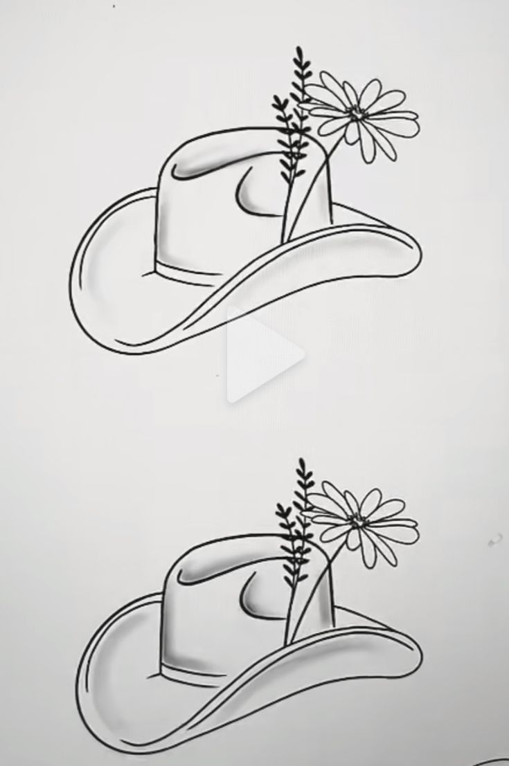 two drawings of hats with flowers on them