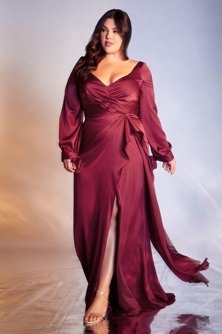 Special Ocassion Dresses, Long Sleeve Satin Dress, Plus Size Evening Gown, Satin Formal Dress, Satin Evening Gown, Sukienki Plus Size, Satin Wrap Dress, Cinderella Divine, Plus Size Gowns