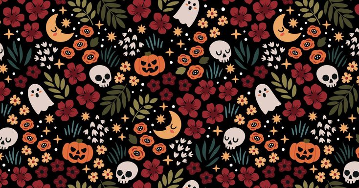 halloween themed wallpaper with skulls and flowers