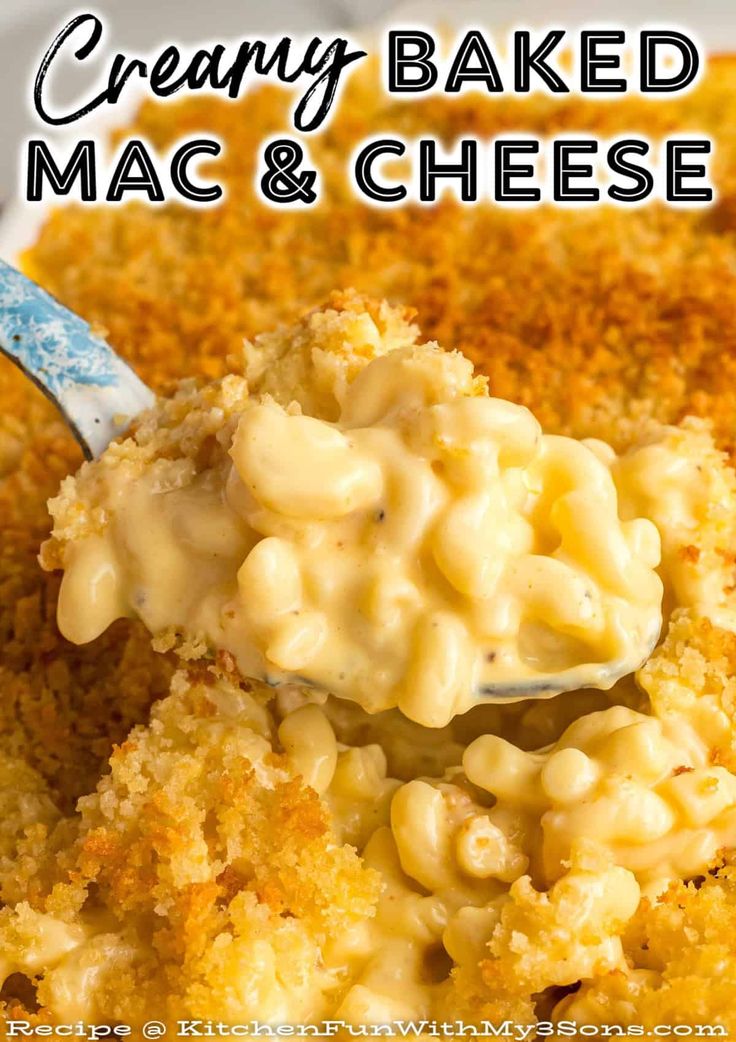 a spoon full of macaroni and cheese with the words creamy baked mac & cheese