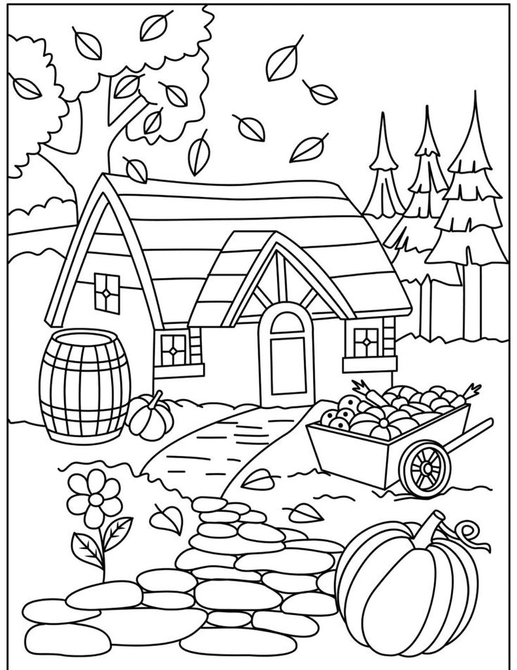 a coloring page with a house and pumpkins on the ground in front of it