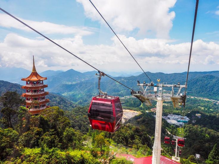 the gondola is high above the trees and mountains