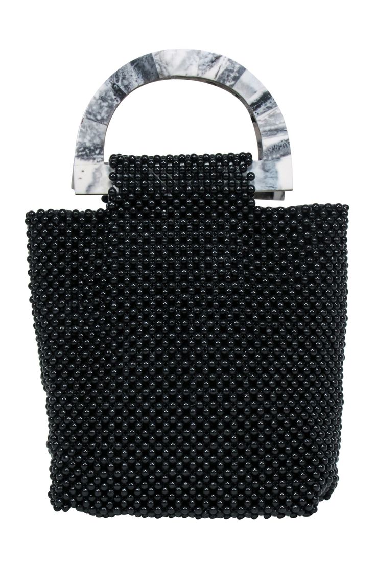 Current Boutique-Cleobella - Black Beaded Handbag w/ Marble Handles Chic Beaded Evening Bag With Top Handle, Chic Beaded Top Handle Evening Bag, Black Top Handle Bag With Pearl Handle, Chic Beaded Evening Bag, Elegant Beaded Summer Bags, Black Summer Party Bag, Black Party Bag For Summer, Black Evening Bag With Pearl Handle, Summer Evening Bag With Pearl Handle, Handheld