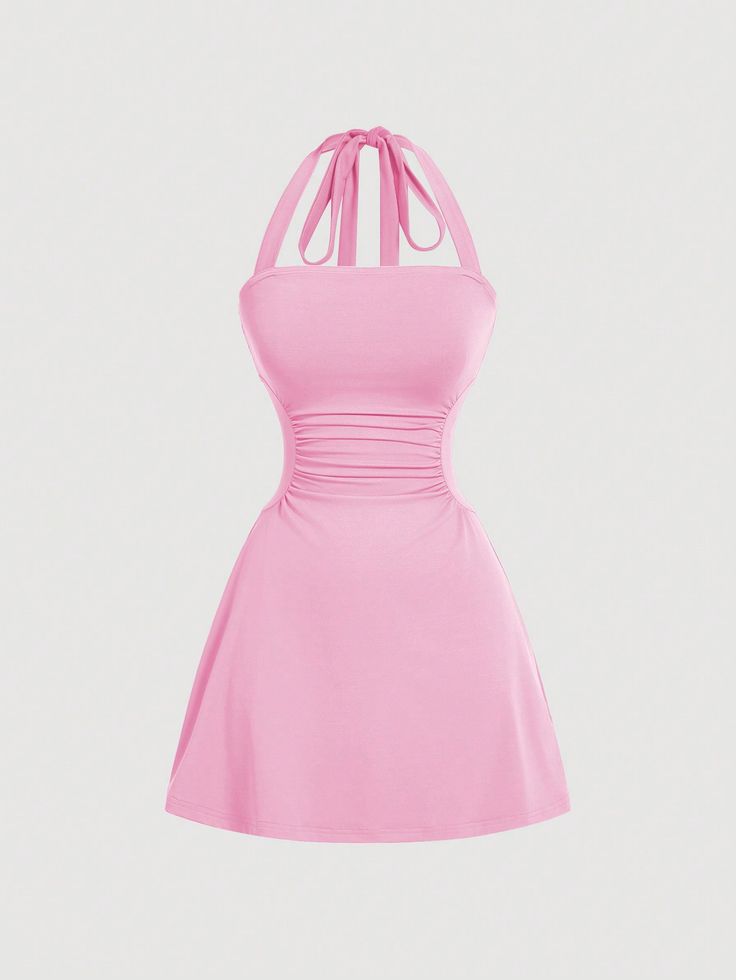 Women's  Halter Waist Cinched Waist A-Line Dress Coral Pink Sexy  Sleeveless Knitted Fabric Plain A Line,Cami Medium Stretch  Women Clothing, size features are:Bust: ,Length: ,Sleeve Length: Rosa Coral, Coverup Skirt, Women Halter, Mini Robes, Cinched Waist, Coral Pink, Colorful Leggings, Eos, All Fashion